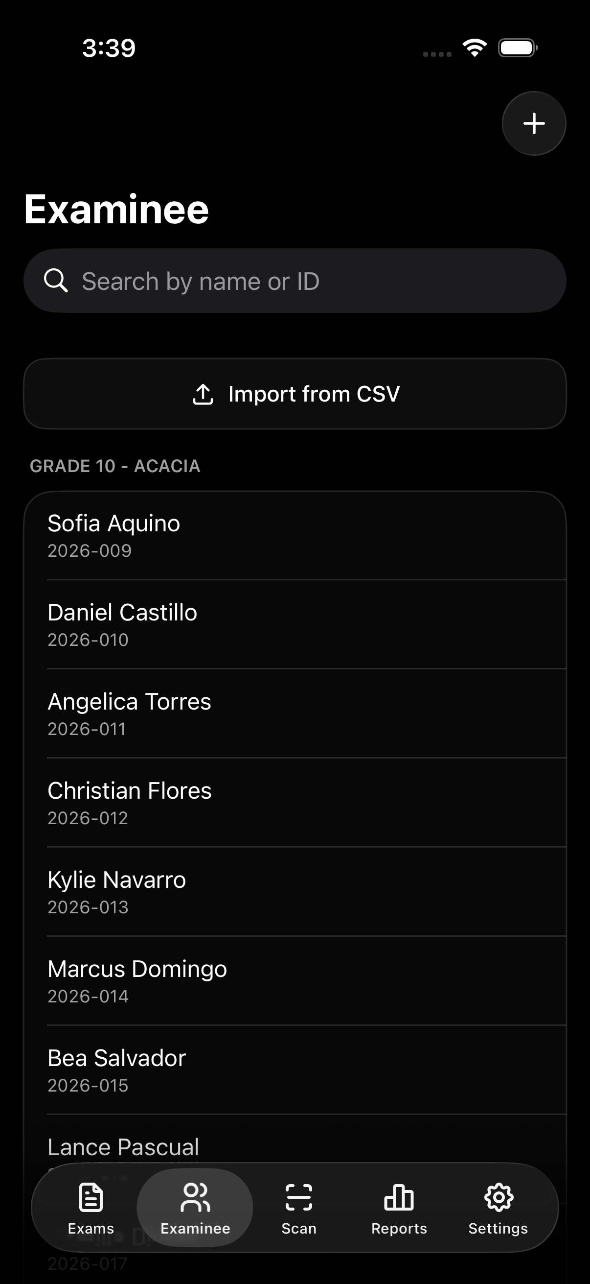 Examinee screen