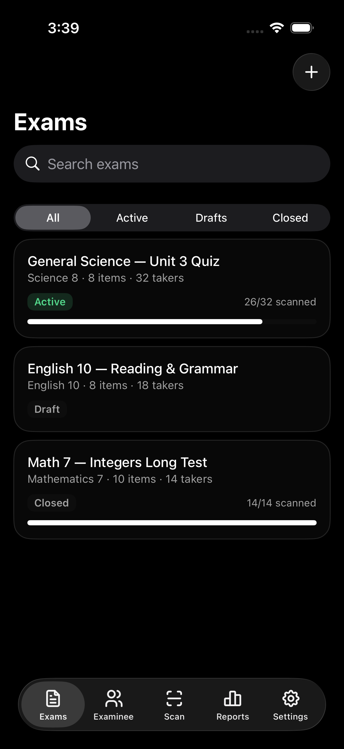 Exams screen