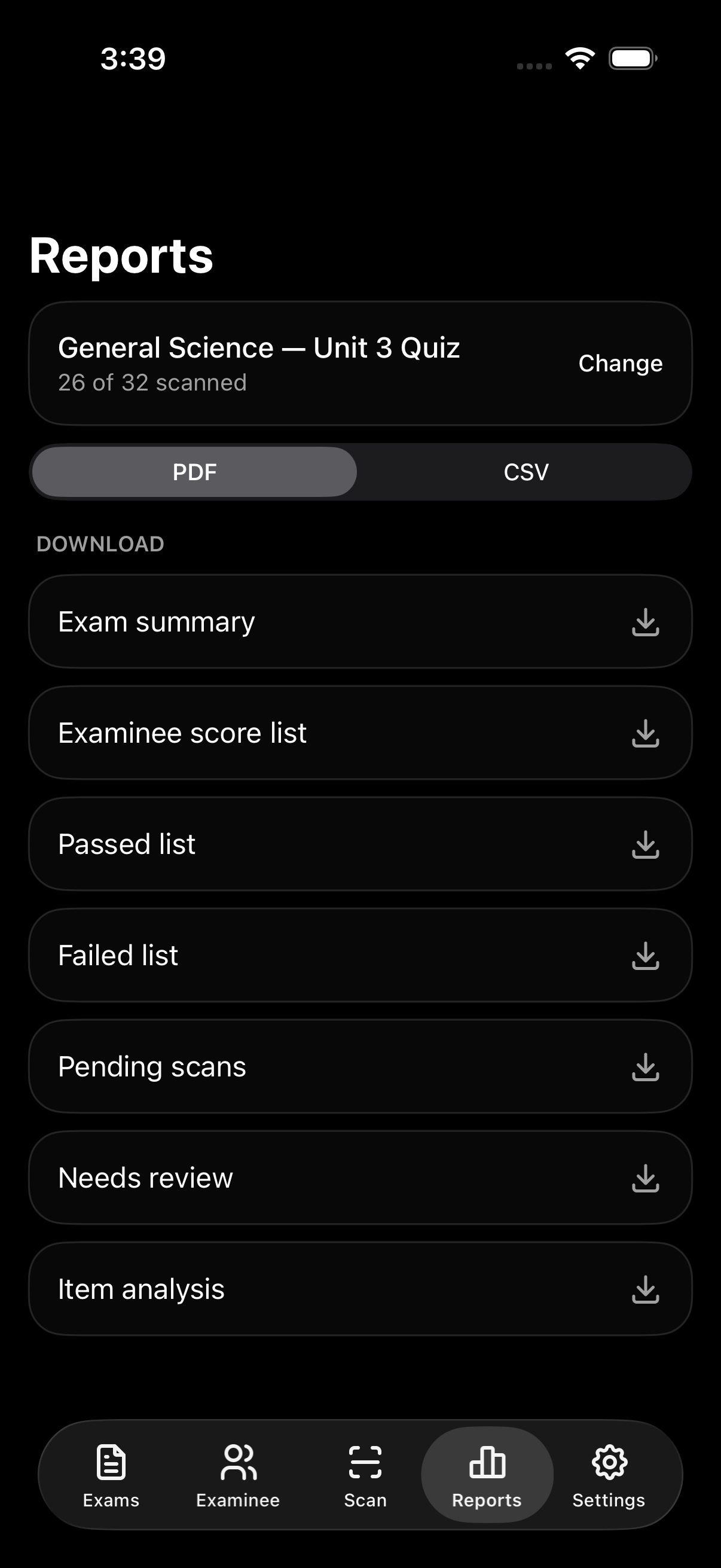 Reports screen
