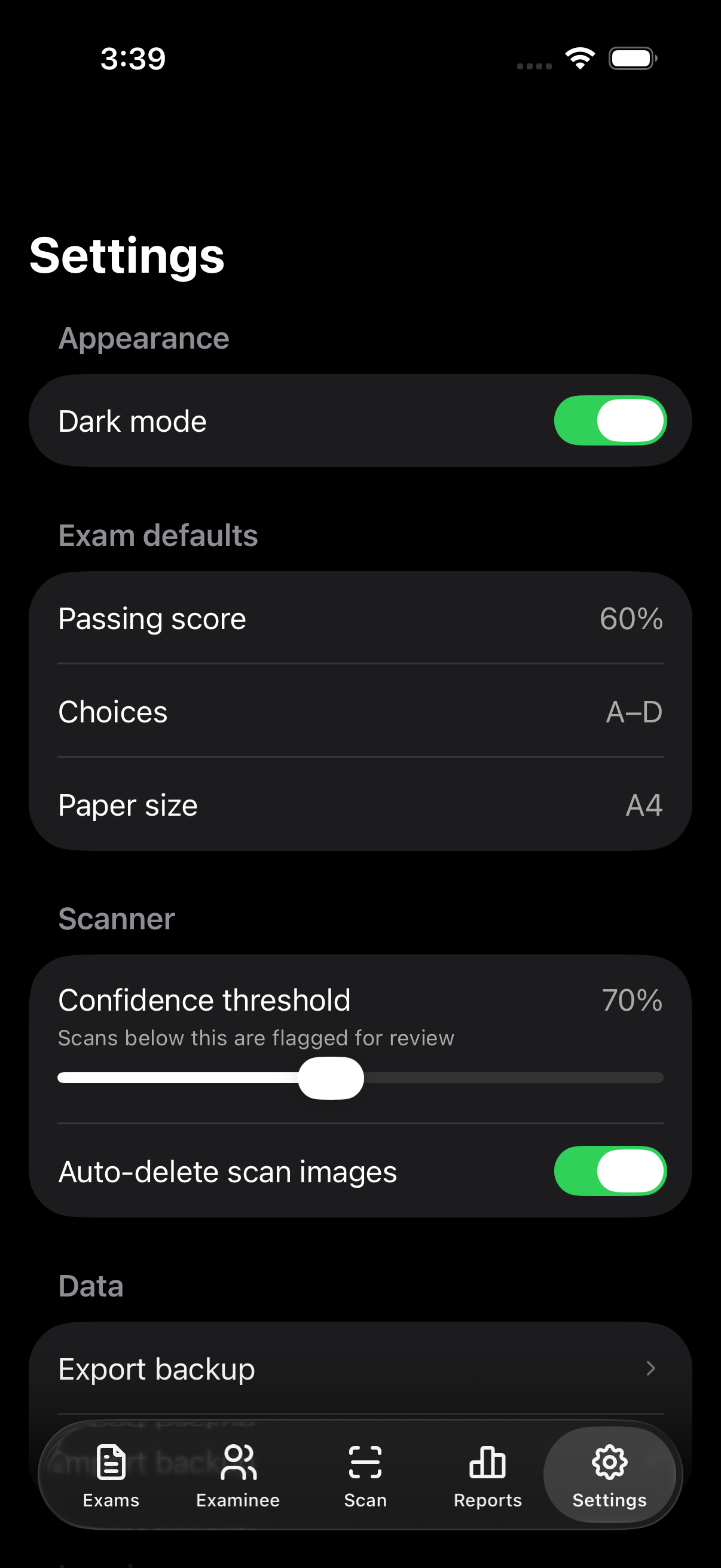 Settings screen