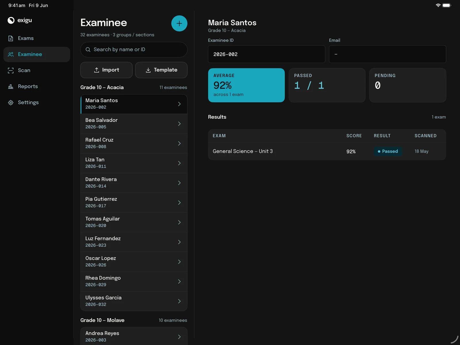 Exigu on iPad: the examinee roster grouped by section beside one examinee’s average, passed count and results table