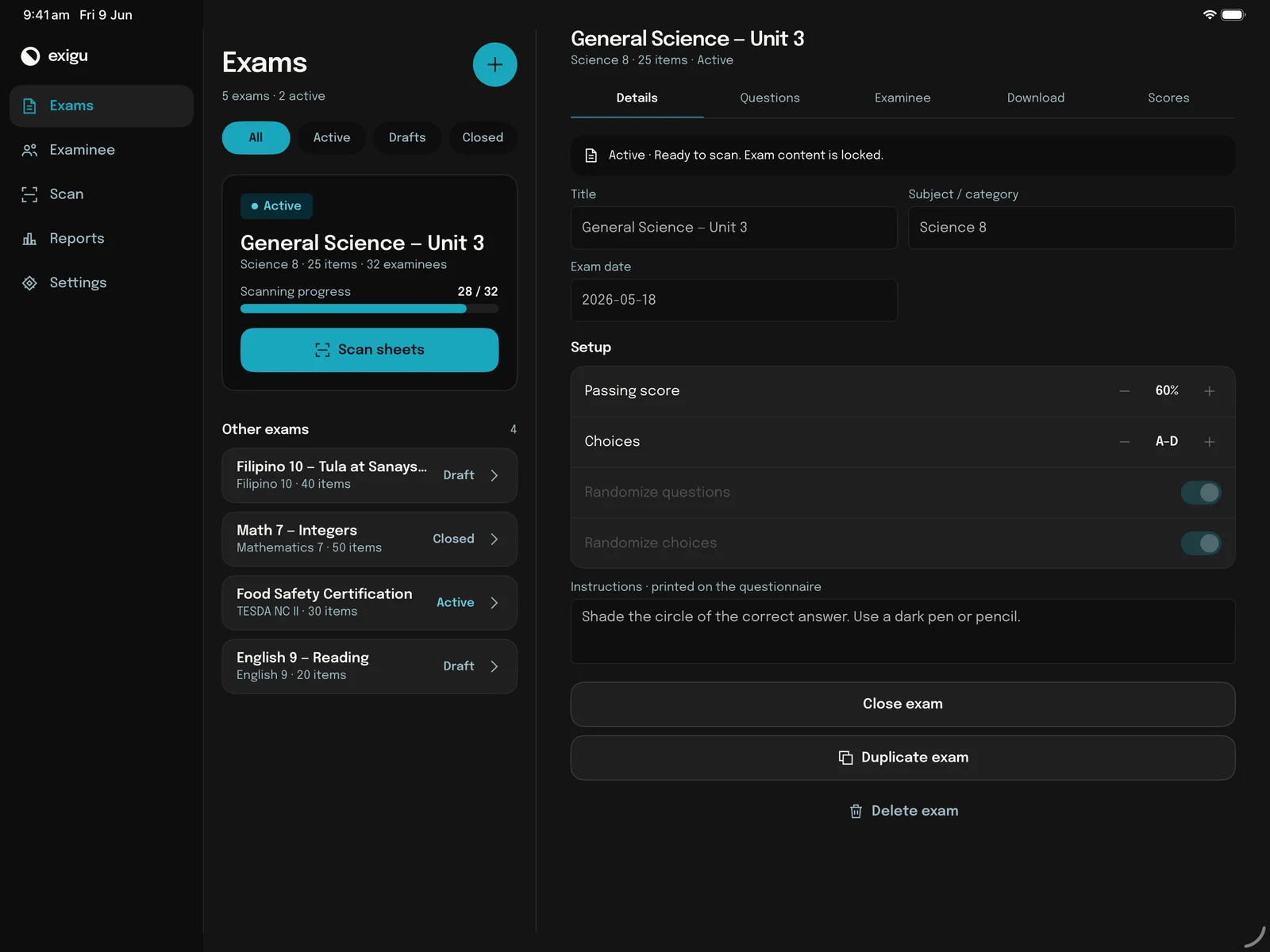 Exigu on iPad: the side rail, the exam list and an open exam’s details in three columns