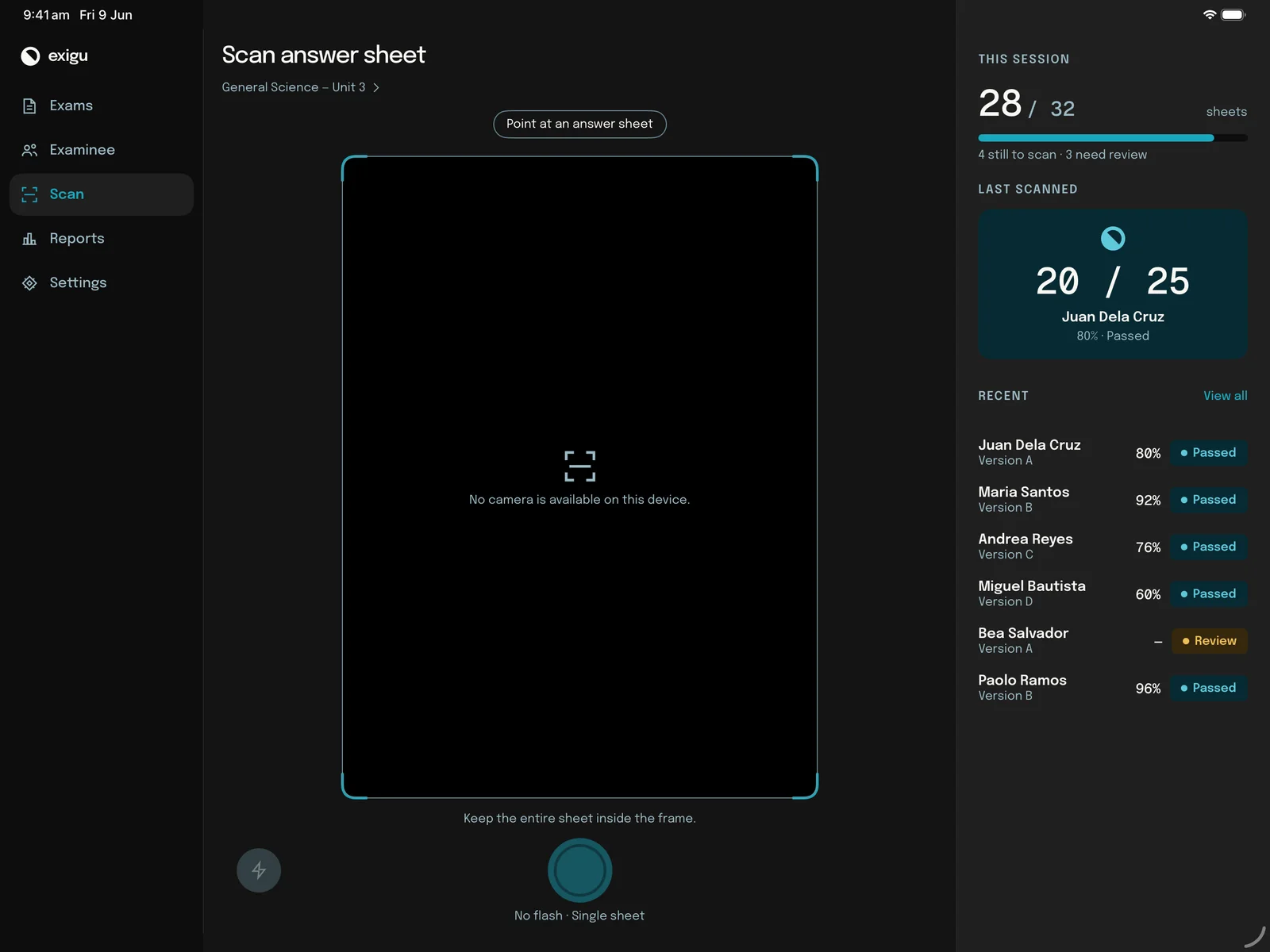 Exigu on iPad: the scan screen with the camera viewfinder and a session panel counting scanned sheets and listing recent results