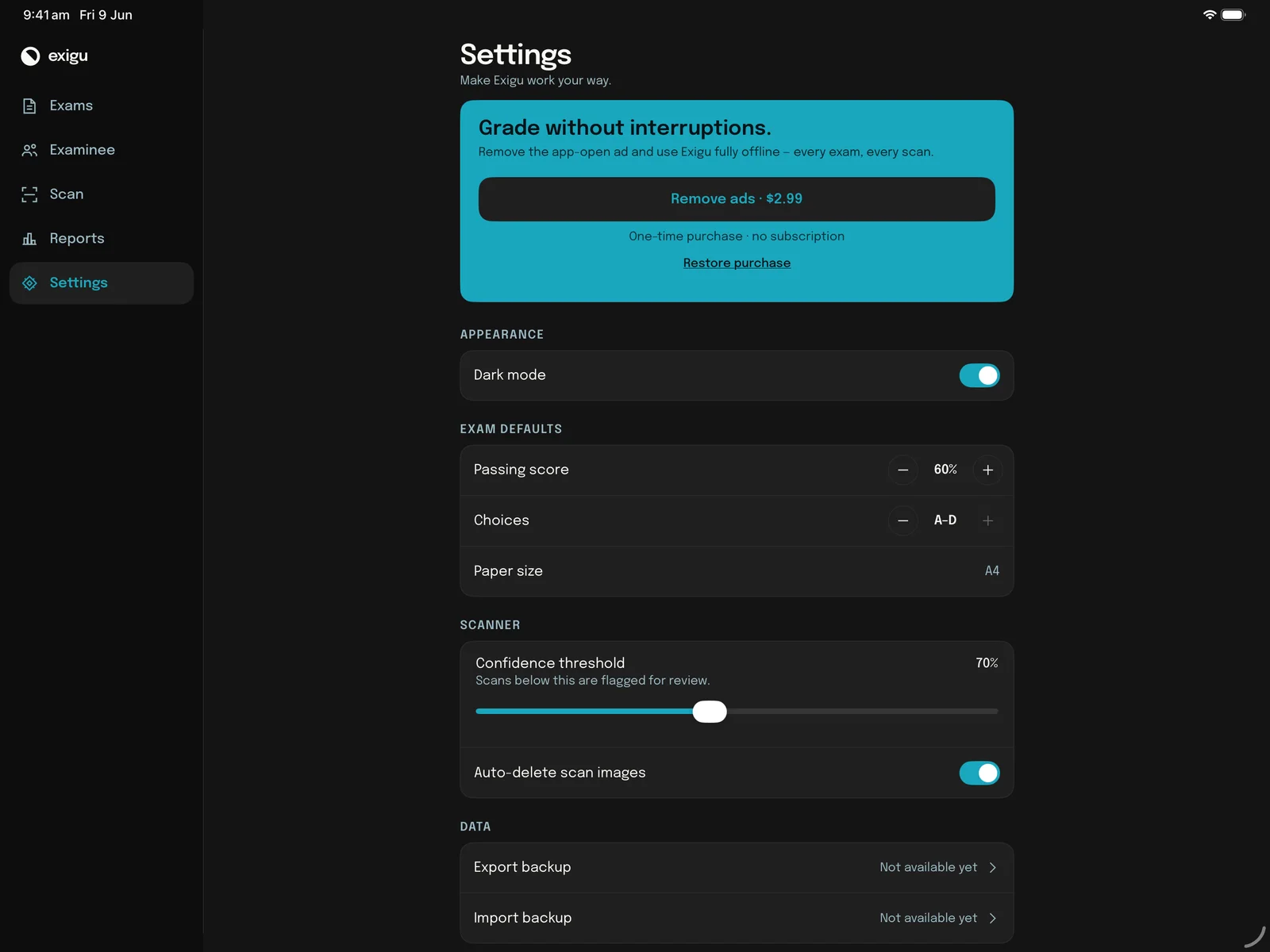 Exigu on iPad: Settings in a centred column with the Remove Ads card, the dark mode switch, exam defaults and scanner settings